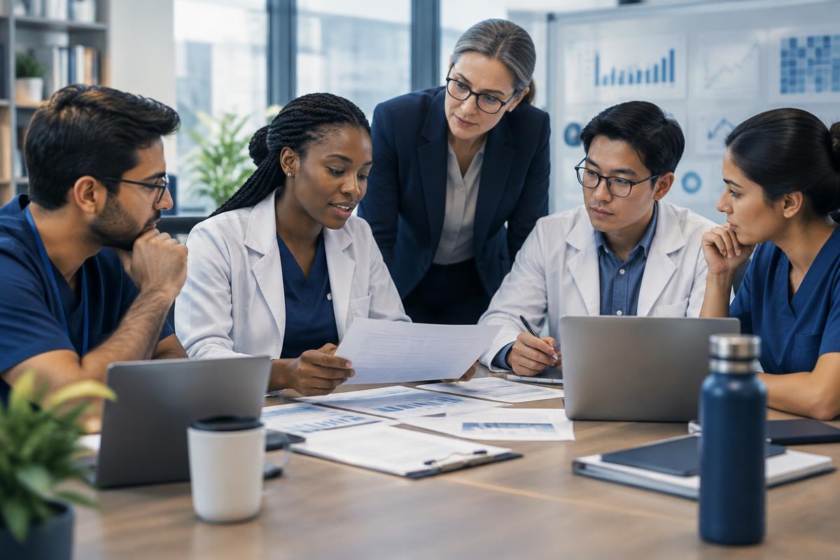 Clinical research team reviewing study materials together