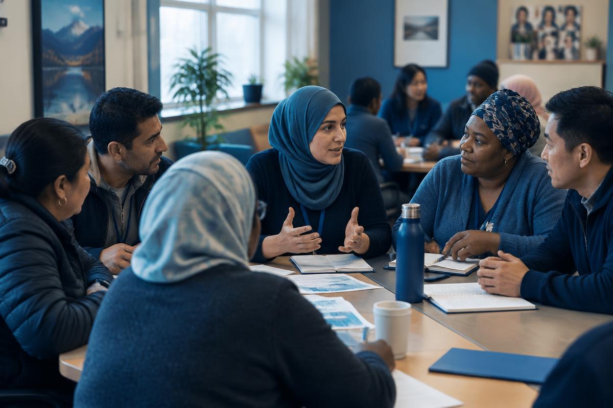 Community members collaborating in a multilingual health workshop