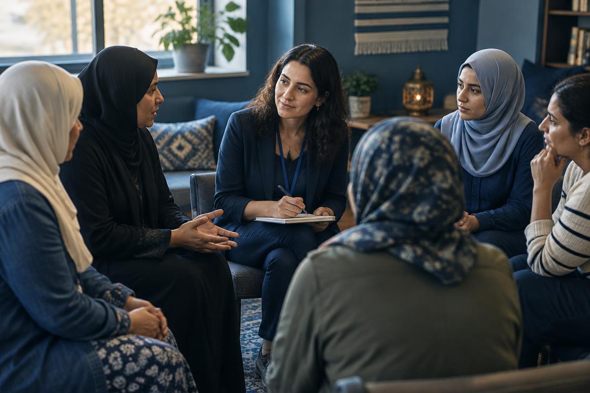 Women participating in a community reproductive health research discussion